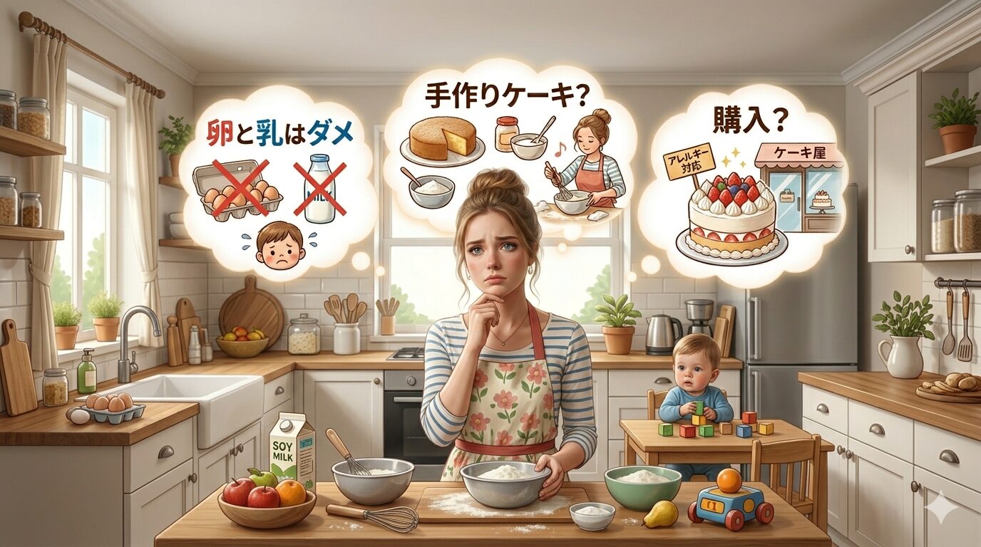 乳卵アレルギーの子の誕生日ケーキで悩むママのイラスト